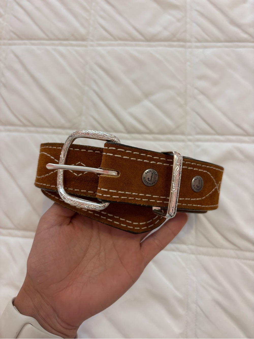 Women's Tan Suede Western-Style Belt with Silver Buckle